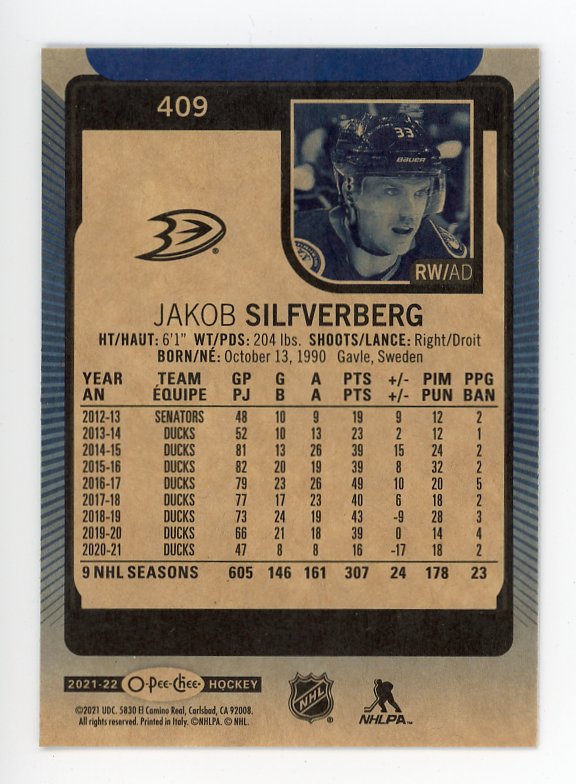 2021-2022 Jakob Silfverberg Blue Border OPC Columbus Anaheim Ducks # 409