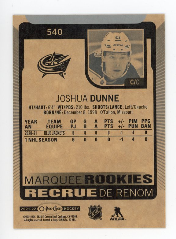 2021-2022 Joshua Dunne Marquee Rookies OPC Columbus Blue Jackets # 540