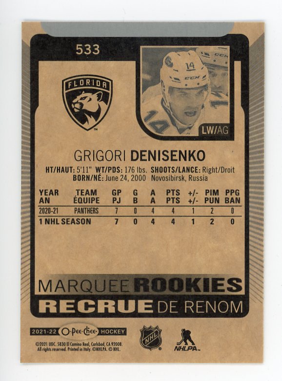 2021-2022 Grigori Denisenko Marquee Rookies OPC Florida Panthers # 533