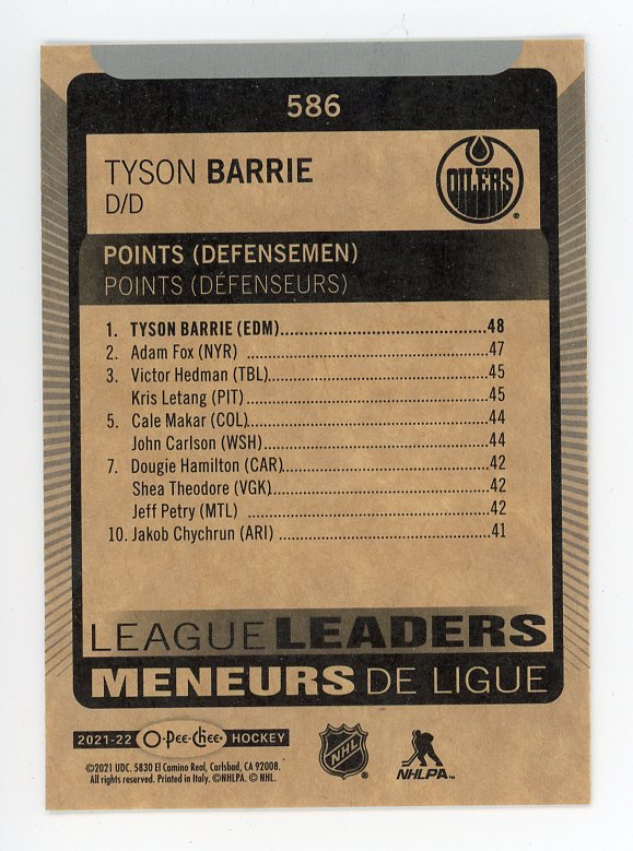 2021-2022 Tyson Barrie League Leaders OPC Edmonton Oilers # 586