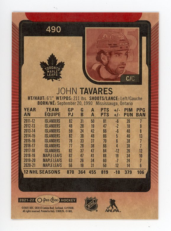 2021-2022 John Tavares Red Border OPC Toronto Maple Leafs # 490