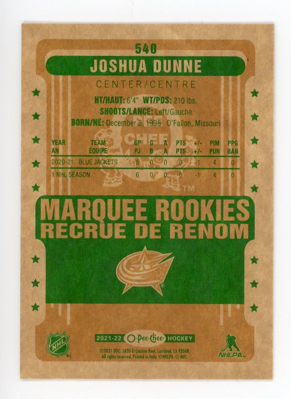 2021-2022 Joshua Dunne Marquee Rookies Retro OPC Columbus Blue Jackets # 540