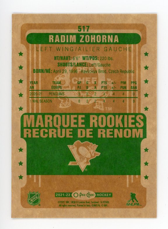 2021-2022 Radim Zohorna Marquee Rookies Retro OPC Pittsburgh Penguins # 517
