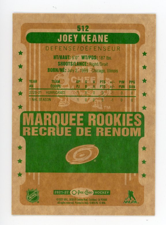 2021-2022 Joey Keane Marquee Rookies Retro OPC Carolina Hurricanes # 512