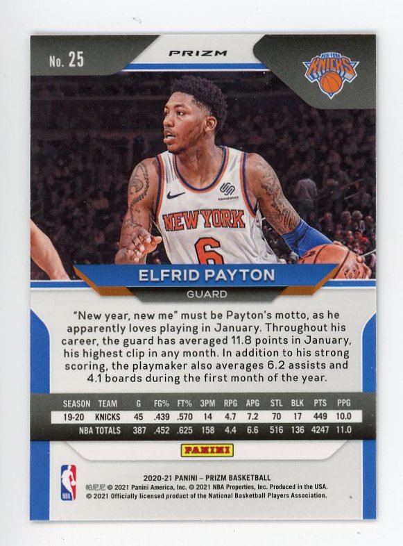 2020-2021 Elfrid Payton Purple Wave Prizm Panini New York Knicks # 25