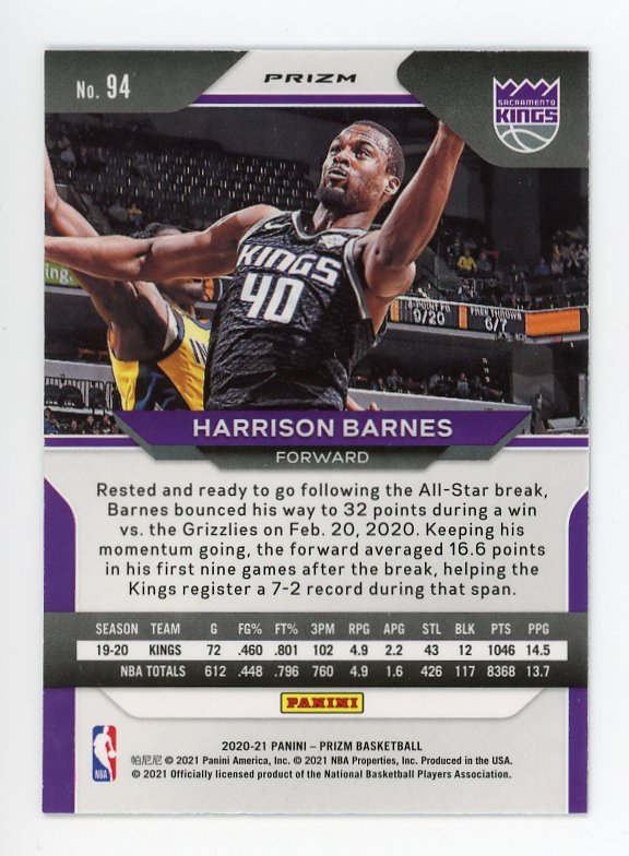 2020-2021 Harrison Barnes Green Prizm Panini Sacramento Kings # 94