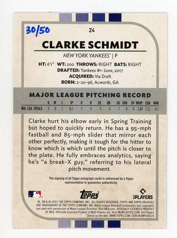 2021 Clarke Schmidt Archives Snapshots Rookie #d /50 Topps New York Yankees # 24