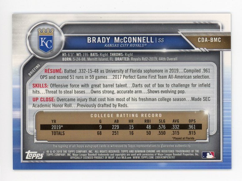 2019 Brady Mcconnell Rookie Prospect Auto Topps Kansas City Royals # CDA-BMC