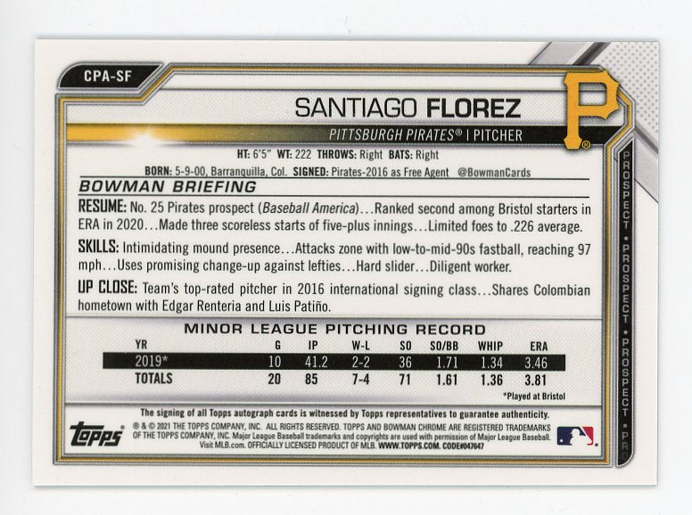 2021 Santiago Florez Prospect Auto Topps Pittsburgh Pirates # CPA-SF