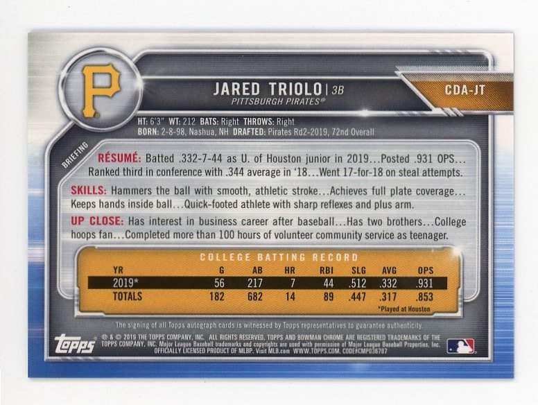 2019 Jared Triolo Bowman 1ST Auto Topps Pittsburgh Pirates # CDA-JT
