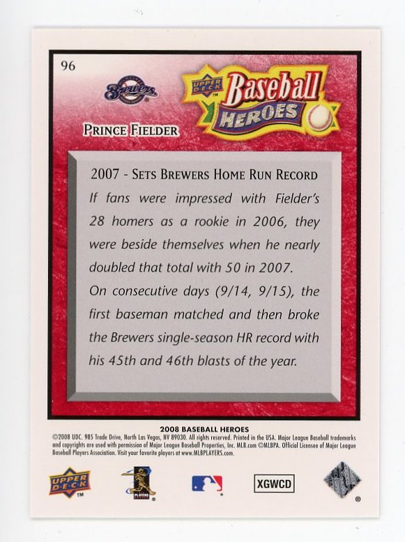 2008 Prince Fielder Baseball Heroes #D /249 Upper Deck Milwaukee Brewers # 96