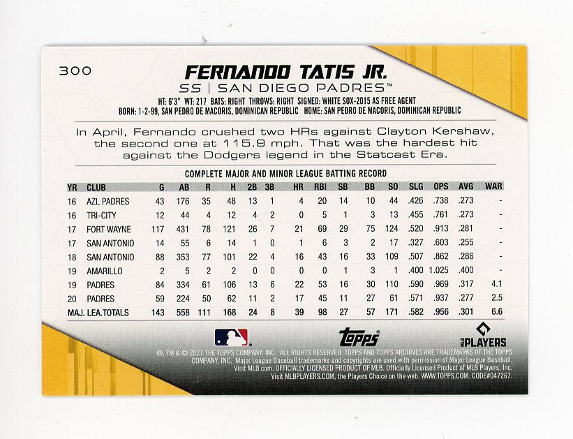 2021 Fernando Tatis JR 140 Years Of Baseball Topps San Diego Padres # 300