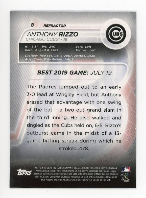 2020 Anthony Rizzo Bowmans Best Refractor Topps Chicago Cubs # 8