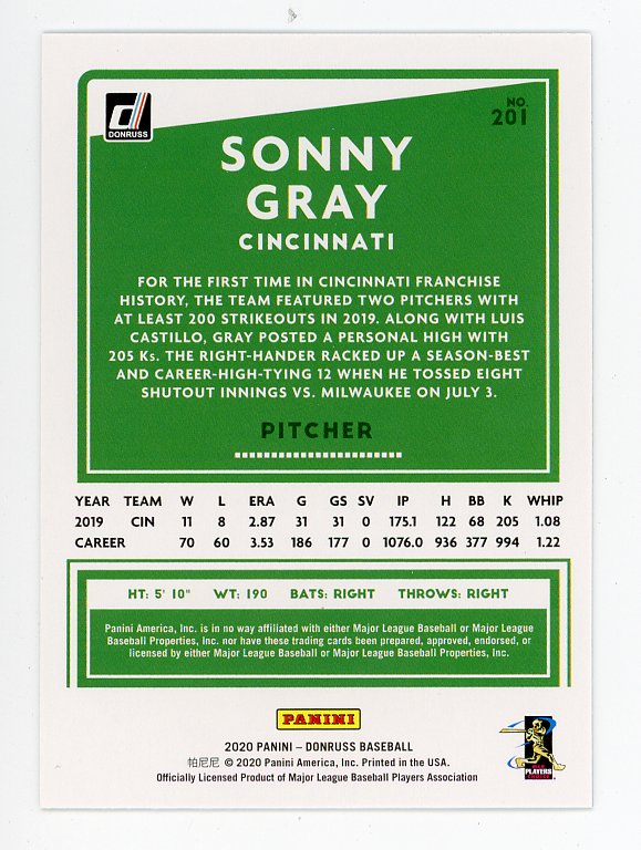 2020 Sonny Gray Holo Blue Panini Cincinnati Reds # 201