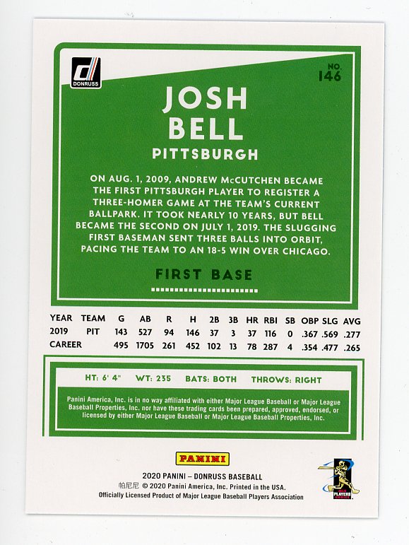 2020 Josh Bell Holo Blue Panini Pittsburgh Pirates # 146