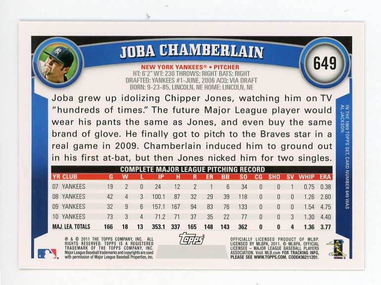 2011 Joba Chamberlain Diamond Anniversary Topps New York Yankees # 649
