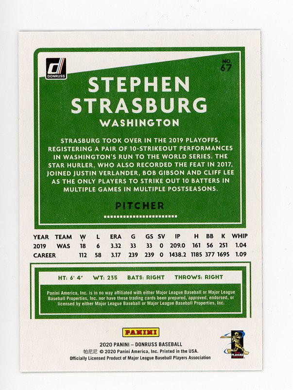 2020 Stephen Strasburg Independence Day Panini Washington Nationals # 67