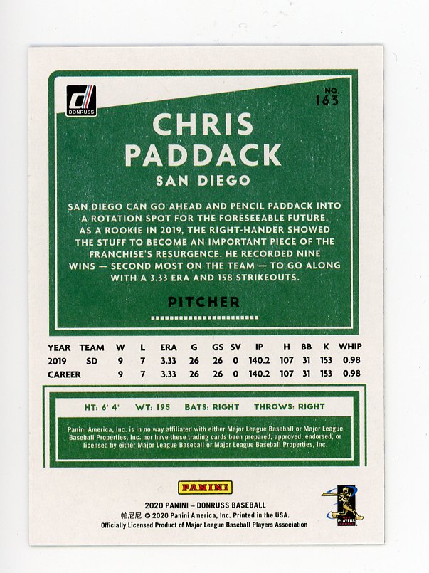 2020 Chris Paddack Independence Day Panini San Diego Padres # 163