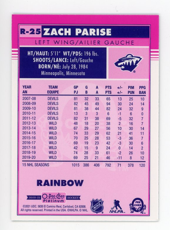 2020-2021 Zach Parise Retro Rainbow OPC Minnesota Wild # R-25