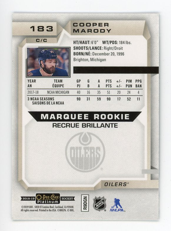 2018-2019 Cooper Marody Marquee Rookie OPC Platinum Edmonton Oilers # 183