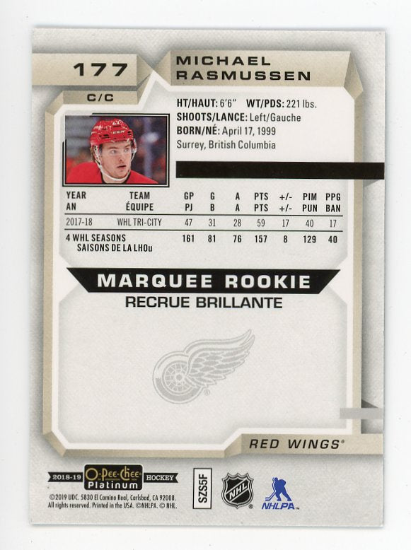 2018-2019 Michael Rasmussen Marquee Rookie OPC Platinum Detroit Red Wings # 177