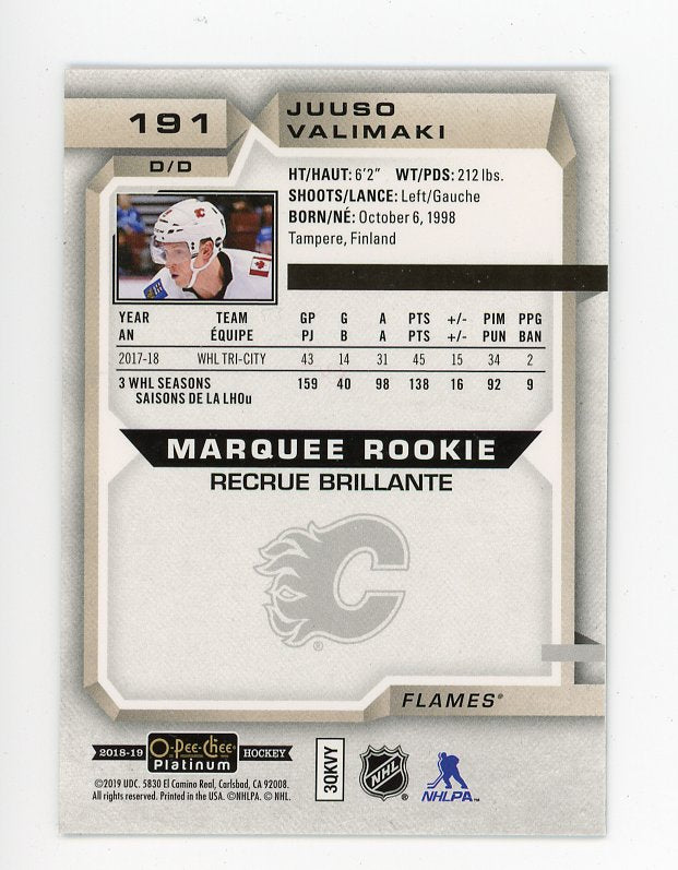 2018-2019 Juuso Valimaki Marquee Rookie OPC Platinum Calgary Flames # 191