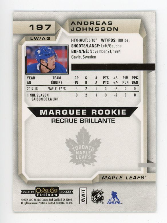 2018-2019 Andreas Johnsson Marquee Rookie OPC Platinum Toronto Maple Leafs # 197