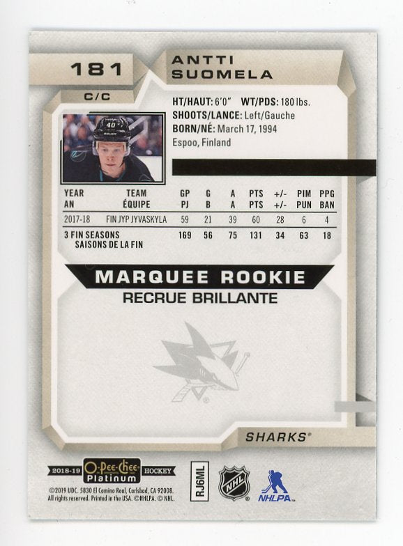 2018-2019 Antti Suomela Marquee Rookie OPC Platinum San Jose Sharks # 181