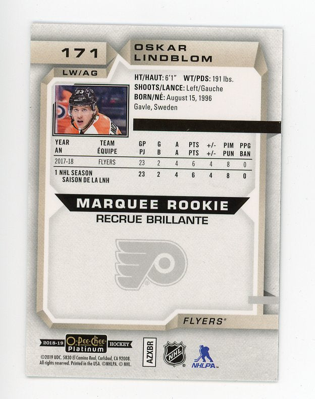 2018-2019 Oskar Lindblom Marquee Rookie OPC Platinum Philadelphia Flyers # 171
