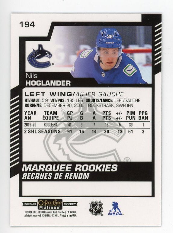 2020-2021 Nils Hoglander Marquee Rookie OPC Platinum Vancouver Canucks # 194