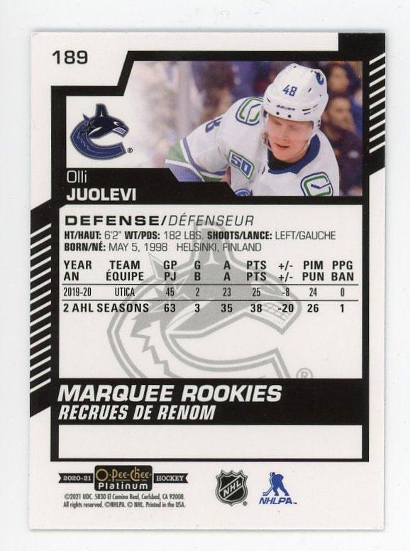 2020-2021 Olli Juolevi Marquee Rookie OPC Platinum Vancouver Canucks # 189