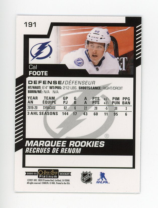 2020-2021 Cal Foote Marquee Rookie OPC Platinum Tampa Bay Lightning # 191