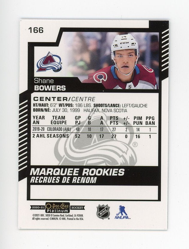 2020-2021 Shane Bowers Marquee Rookie OPC Platinum Colorado Avalanche # 166