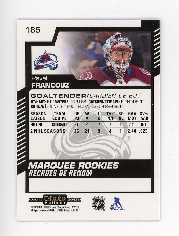 2020-2021 Pavel Francouz Marquee Rookie OPC Platinum Colorado Avalanche # 185