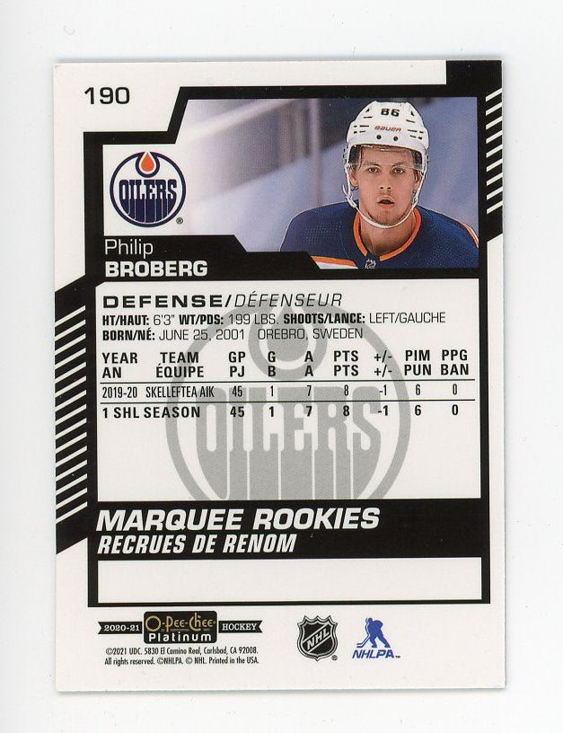 2020-2021 Philip Broberg Marquee Rookie OPC Platinum Edmonton Oilers # 190