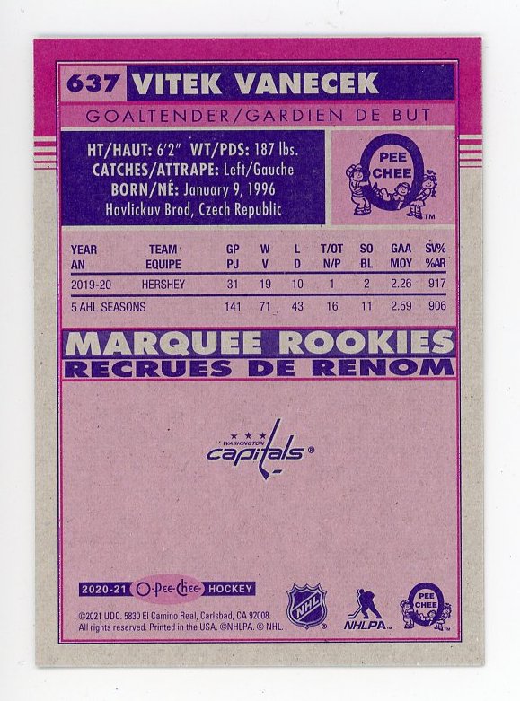 2020-2021 Vitek Vanecek Marquee Rookie Pink Back OPC Washington Capitals # 637