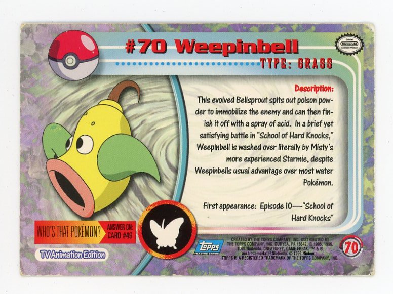 Weepinbell #70 Pokemon 2000 Holo Topps TV Animation Edition