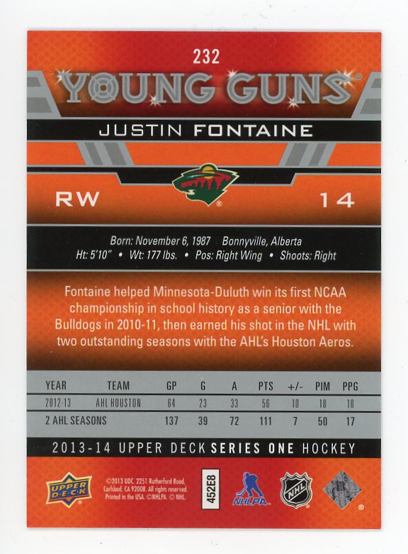 2013-2014 Justin Fontaine Young Guns Upper Deck Minnesota Wild # 232
