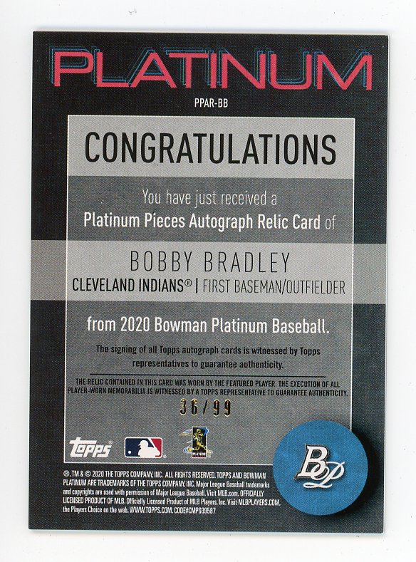 2020 Bobby Bradley Rookie Relic Autograph #D /99 Topps Cleveland Indians # PPAR-BB