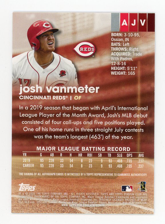2020 Josh Vanmeter Stadium Club Autograph Topps Cincinnati Reds # AJV
