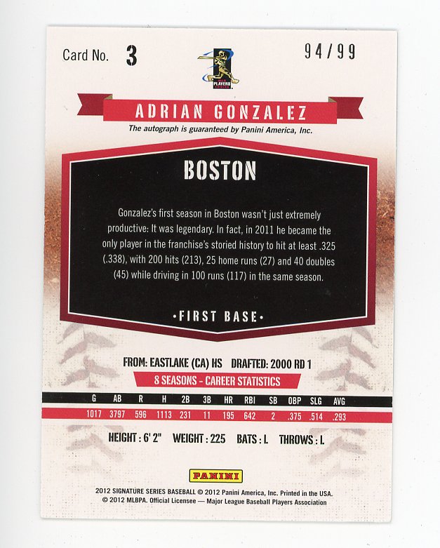 2012 Adrian Gonzalez Signature Series #D /99 Panini Boston Red Sox # 3