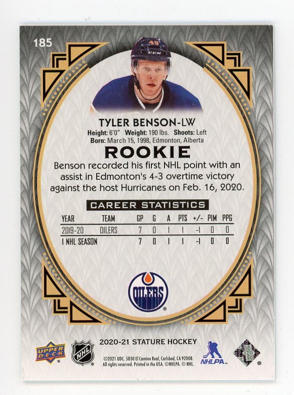 2020-2021 Tyler Benson Rookie #D /99 Stature Edmonton Oilers # 185