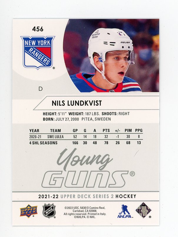 2021-2022 Nils Lundkvist Young Guns Series 2 Upper Deck New York Rangers # 456