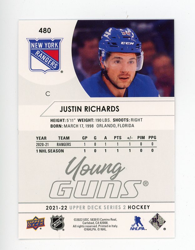 2021-2022 Justin Richards Young Guns Series 2 Upper Deck New York Rangers # 480