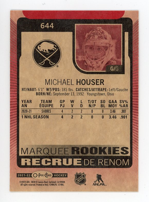 2021-2022 Michael Houser Marquee Rookies Red Border O-Pee-Chee Buffalo Sabres # 644