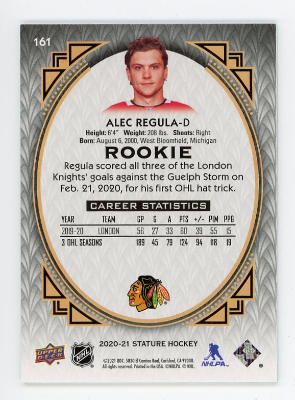 2020-2021 Alec Regula Rookie #D /25 Last Print Stature Chicago Blackhawks # 161