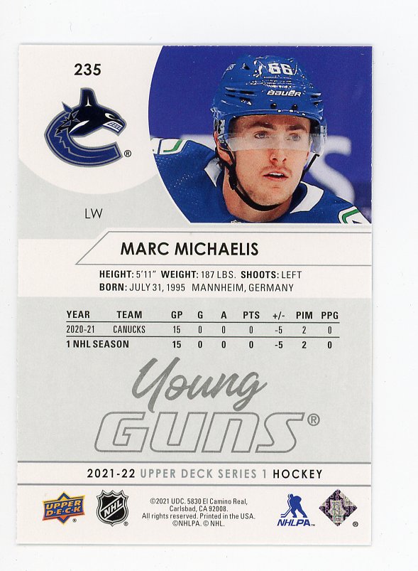 2021-2022 Marc Michaelis Young Guns Series 1 Upper Deck Vancouver Canucks # 235