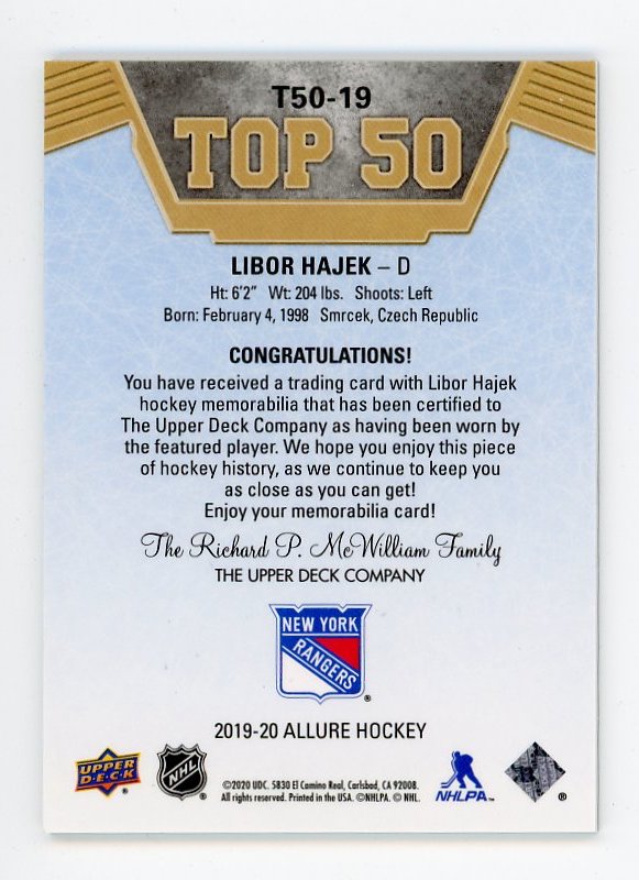 2019-2020 Libor Hajek Top 50 Patch Allure New York Rangers # T50-19
