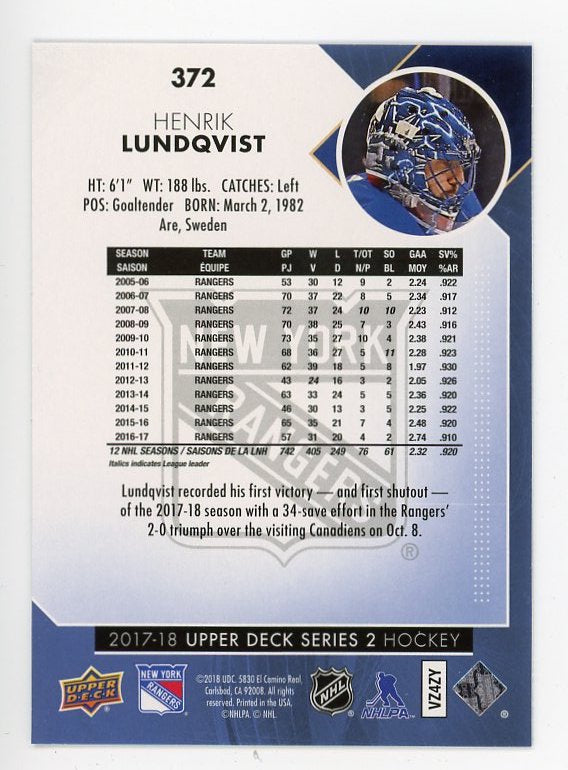 2017-2018 Henrik Lundqvist Rainbow Foil Series 2 Upper Deck New York Rangers # 372