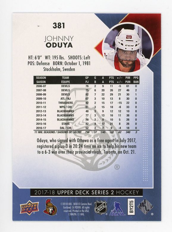 2017-2018 Johnny Oduya Rainbow Foil Series 2 Upper Deck Ottawa Senators # 381